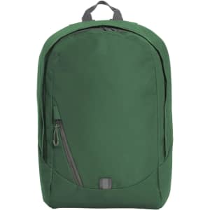 A green backpack with a front zip pocket and a logo. It features a sleek design and adjustable straps.