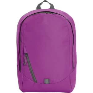 A purple backpack with a sleek design, featuring a front zip pocket and a carry handle. It has a logo on it.