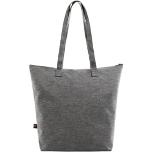 A grey tote bag with two handles and a zip closure, featuring a logo on the side.