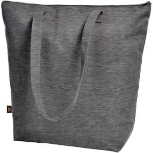 A grey tote bag with long handles and a top zip closure. It features a branding label.