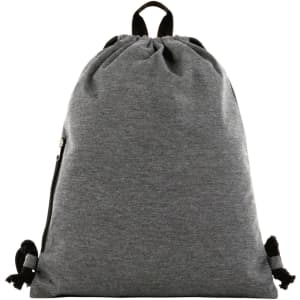 A grey drawstring bag with a black zip pocket and drawcords at the bottom. It has a simple, minimalist design.