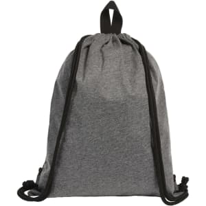 A grey drawstring bag with black cords, featuring a logo.