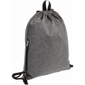 A grey drawstring bag with a zippered pocket and black drawstrings. Features a loop for easy carrying.