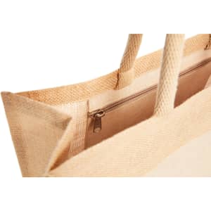 A natural jute tote bag with a zippered pocket and sturdy handles, featuring a light beige colour.