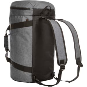 A multi-functional bag featuring a grey exterior with black accents and adjustable straps for carrying.