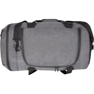 A grey multi bag featuring shoulder straps and side handles, with a front pocket and a logo.