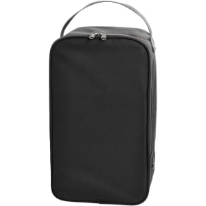 A black shoe bag with a zip closure and a carrying handle. It features a simple, sleek design.