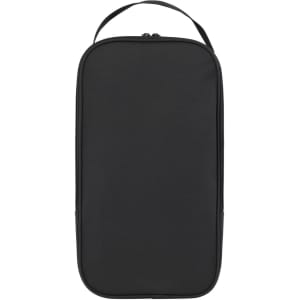 A black shoe bag featuring a zip closure and a carry handle, with a logo on the front.