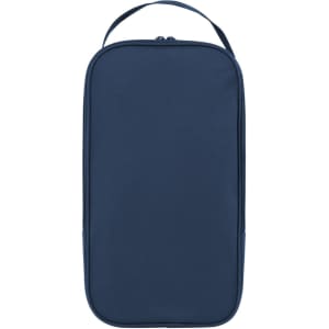 A blue shoe bag with a zip closure and carry handle, featuring a simple design and a logo.