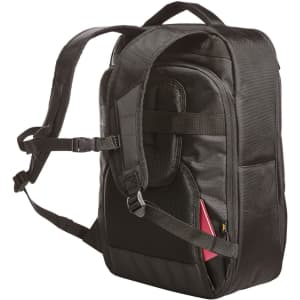 A black backpack with padded straps and a side pocket. It features a logo on the front.