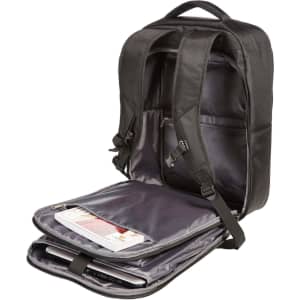 A black laptop backpack with multiple compartments, including a padded section for a laptop and a document pocket.