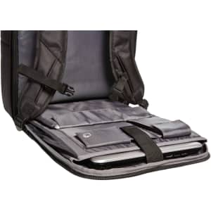 A black laptop backpack featuring padded compartments and adjustable straps, designed for business use.