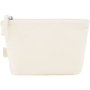 An organic toiletry bag in cream colour with a zip closure and side loop for easy carrying.