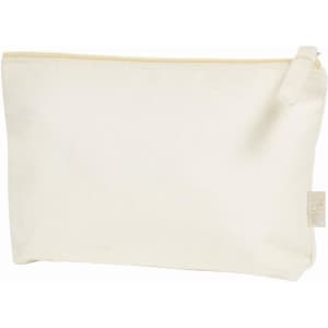 A cream toiletry bag with a zip closure, featuring a simple design and a small logo tag.