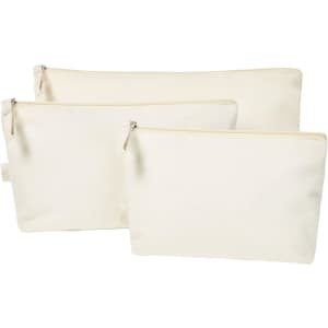 Three cream-coloured toiletry bags of varying sizes, featuring zippers and a subtle logo.