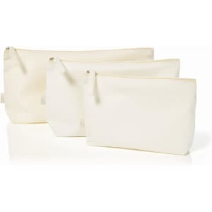 A set of three organic cream-coloured zipper bags, featuring a sleek design and a visible branding logo.