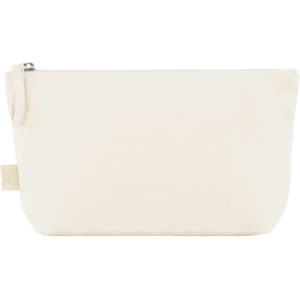 A natural-coloured organic zipper bag with a simple design and a zip closure. It features a small tag on the side.