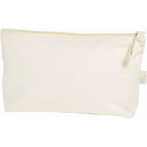 A beige organic zipper bag with a smooth fabric texture and a zip closure, featuring a small tag.