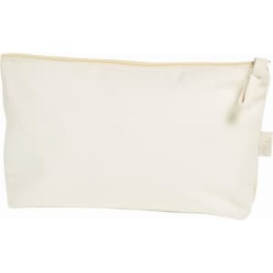 A cream-coloured zipper bag with a light tan zipper and a small tag, featuring a logo.