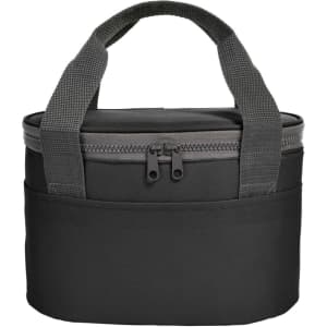 A black lunch bag with a zippered top, featuring two sturdy grab handles and an external pocket.