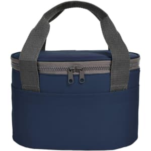 A navy lunch bag with grey straps, featuring a zip closure and a side pocket. It has a simple, modern design.