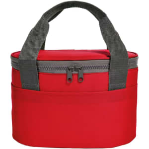 A red lunch bag with a grey zipper and handles, featuring an outer pocket.