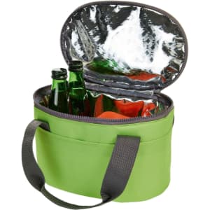 A green lunch bag with a grey handle, featuring an insulated interior and holding two drink bottles and fresh produce.