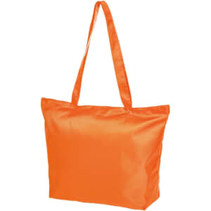 An orange tote bag with long straps and a smooth, shiny finish, featuring a branding logo.