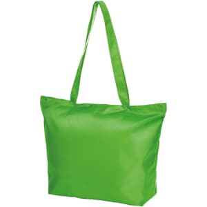 A green tote bag with long handles and a smooth surface, featuring a logo.
