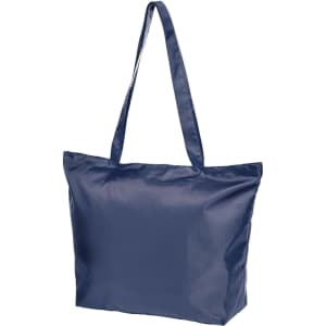 A navy blue tote bag with long handles and a smooth finish. It features a logo on one side.