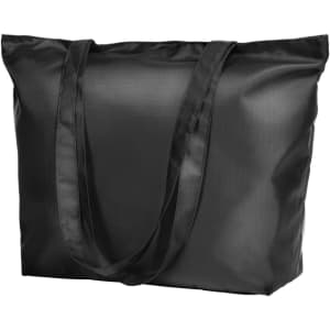 A black tote bag with two sturdy handles and a glossy finish. It features a logo.