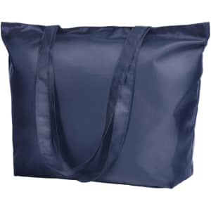 A navy blue tote bag with sturdy handles and a smooth finish, featuring a logo on the side.