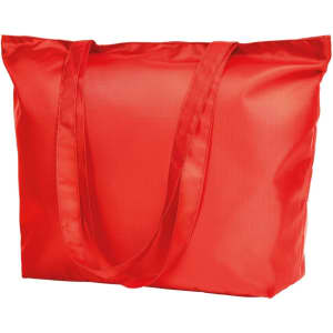 A red tote bag with two sturdy handles and a glossy finish, featuring a logo on one side.