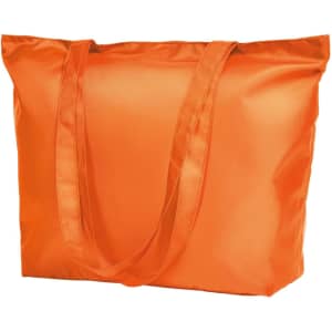 An orange tote bag with two handles and a smooth, shiny surface. The bag features a logo.