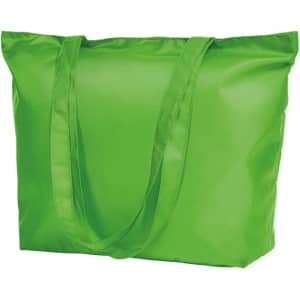 A large green tote bag with long handles and a simple design, featuring a branding logo.