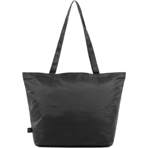 A large black tote bag with two long handles and a simple design. It features a logo on one side.