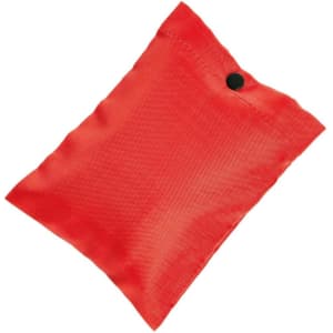 A red tote bag with a button closure, featuring a smooth fabric texture and a simple design.