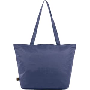 A navy tote bag with two handles and a simple design, featuring a branding logo.