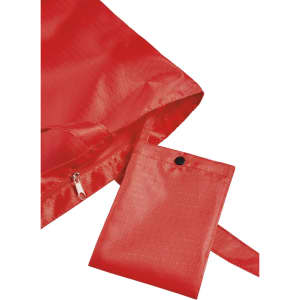 A red tote bag with a zippered pocket and a small pouch attached. The bag features a logo.