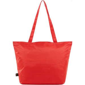 A large red tote bag with two handles and a simple design, featuring a logo.