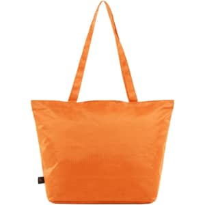 An orange tote bag with long handles and a simple design, featuring a logo on the side.