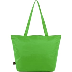 A large green tote bag with two sturdy handles and a plain design. It features a logo on one side.