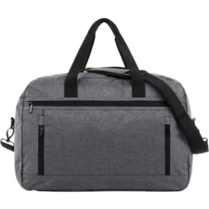 A grey fashion travel bag with two front zippered pockets and dual handles, featuring a detachable shoulder strap.