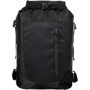 A black backpack with a roll-top closure, featuring a front zip pocket and adjustable straps. It has a logo.