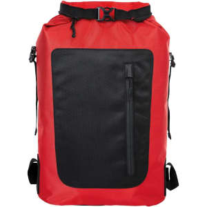A red backpack with a black front panel, featuring adjustable straps and a side zipper pocket. It has a logo.
