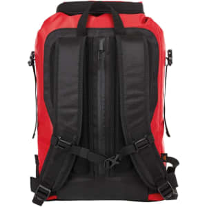 A red and black backpack with adjustable straps and a mesh back panel, featuring a zippered compartment and a logo.