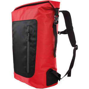 A red backpack with black accents, featuring a front zip pocket and adjustable shoulder straps.