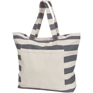 A large, striped tote bag in cream and grey featuring sturdy handles and a front pocket. It has a logo.