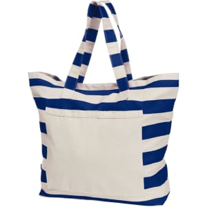A striped tote bag in navy blue and cream, featuring sturdy handles and a front pocket. It has a logo or branding.