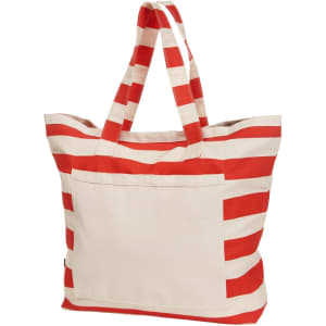 A tote bag featuring red and white stripes and two sturdy handles. It has a front pocket and a logo.